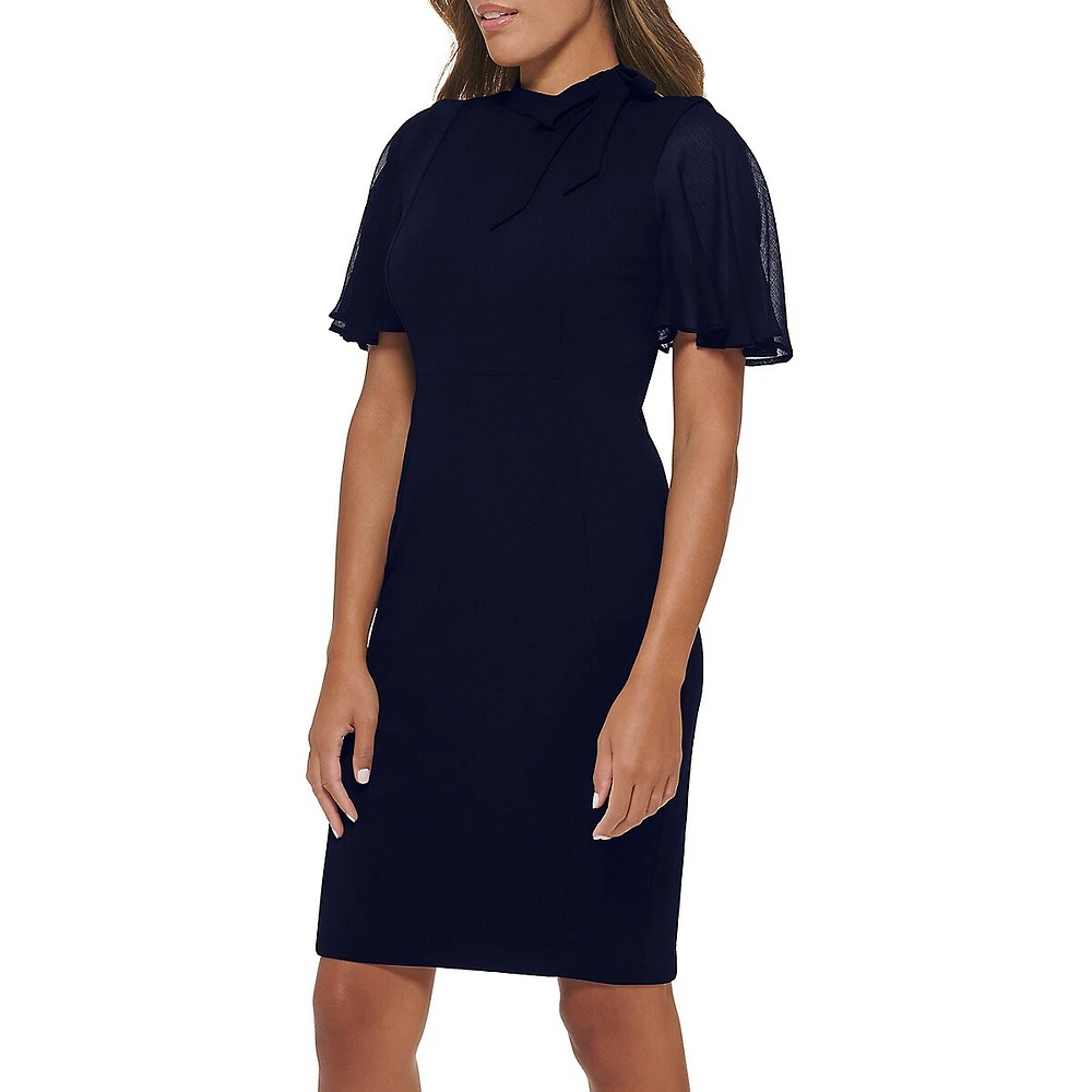 Flutter-Sleeve Neck-Bow Scuba Crepe Sheath Dress