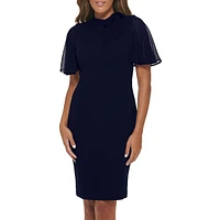 Flutter-Sleeve Neck-Bow Scuba Crepe Sheath Dress