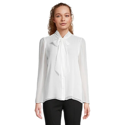 Bow-Neck Textured Chiffon Blouse