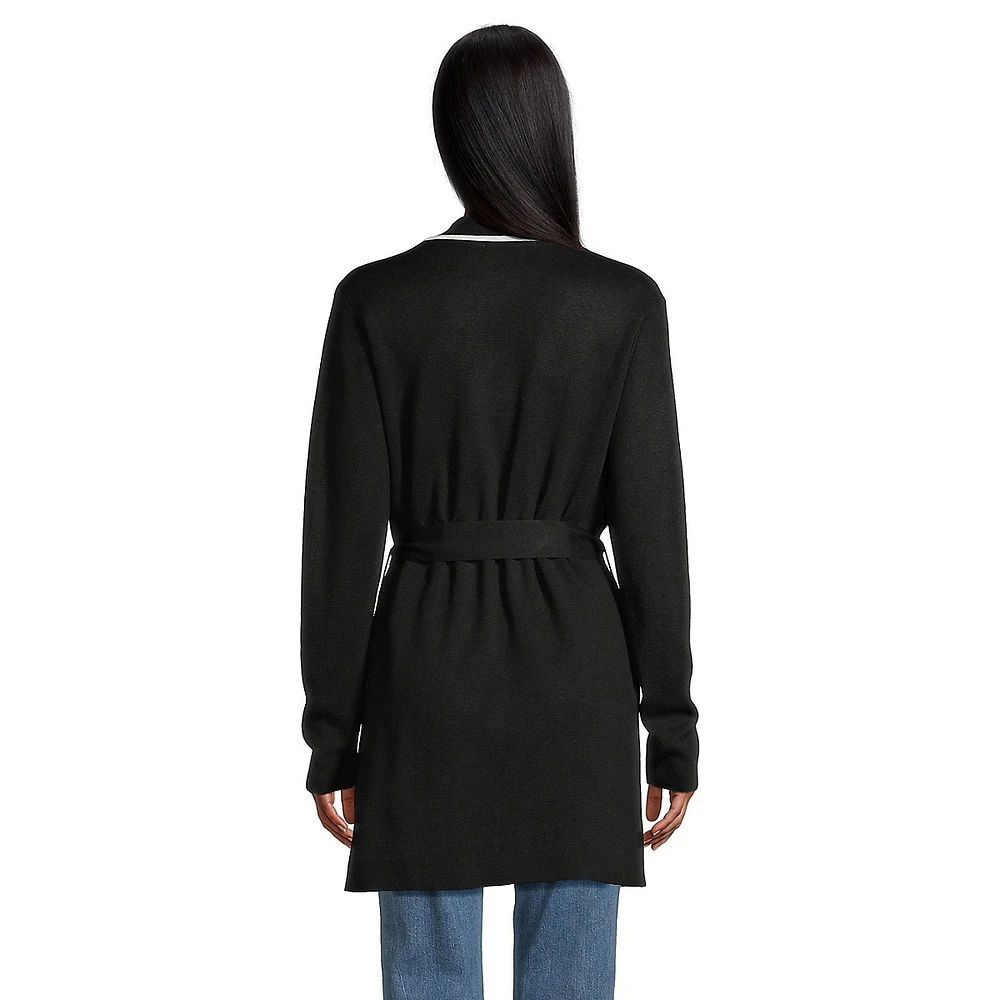 Contrast-Notch-Collar Belted Longline Cardigan