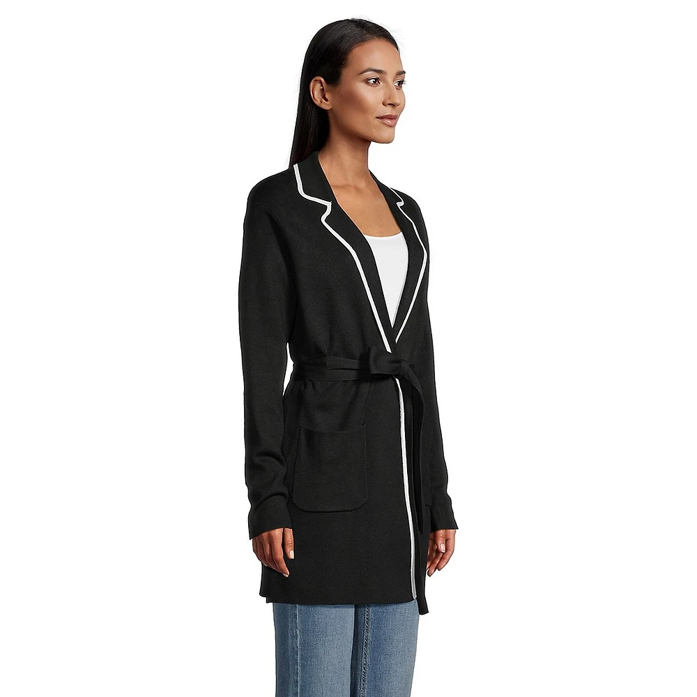 Contrast-Notch-Collar Belted Longline Cardigan