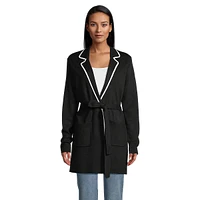 Contrast-Notch-Collar Belted Longline Cardigan