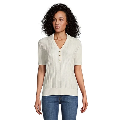 Johnny-Collar Cable-Front Short-Sleeve Sweater