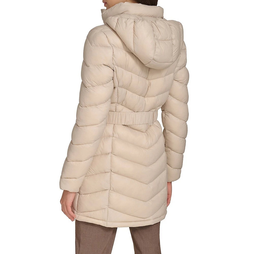 Belted Packable Chevron-Quilt Polyfill Coat