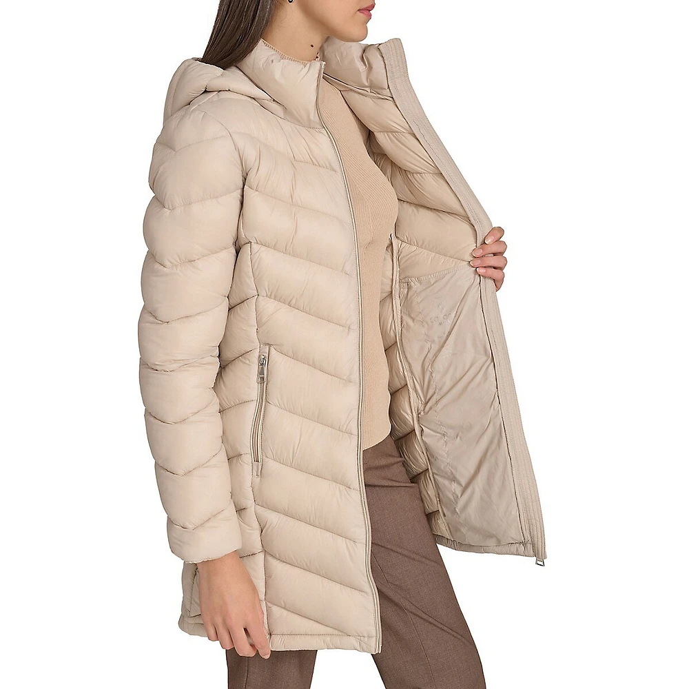 Belted Packable Chevron-Quilt Polyfill Coat