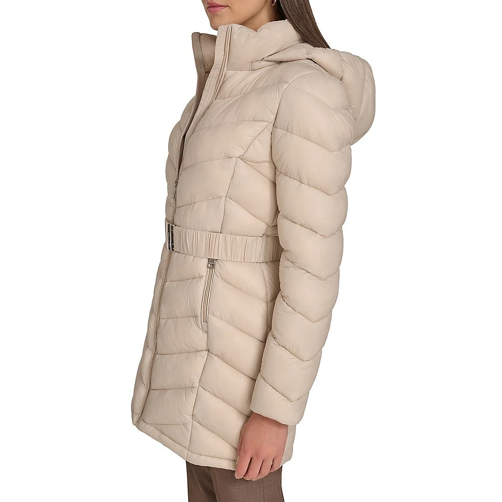 Belted Packable Chevron-Quilt Polyfill Coat