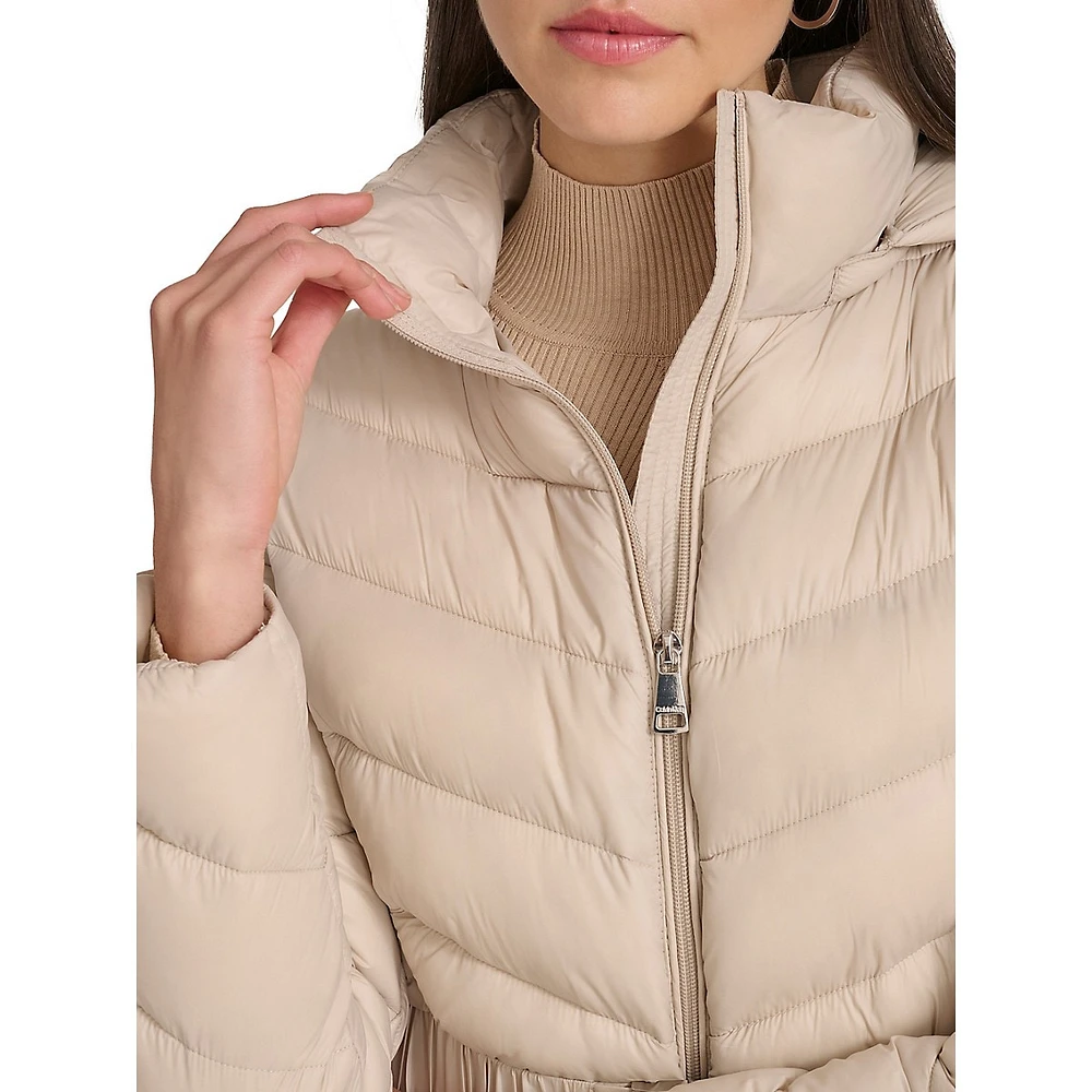 Belted Packable Chevron-Quilt Polyfill Coat