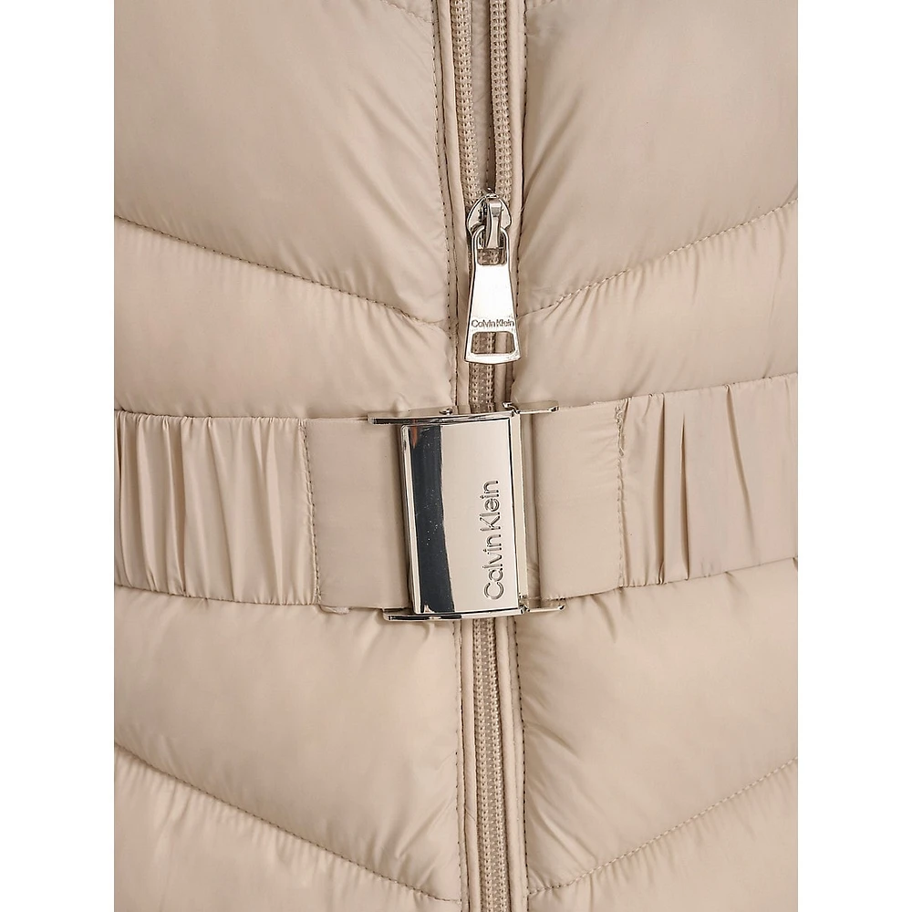Belted Packable Chevron-Quilt Polyfill Coat