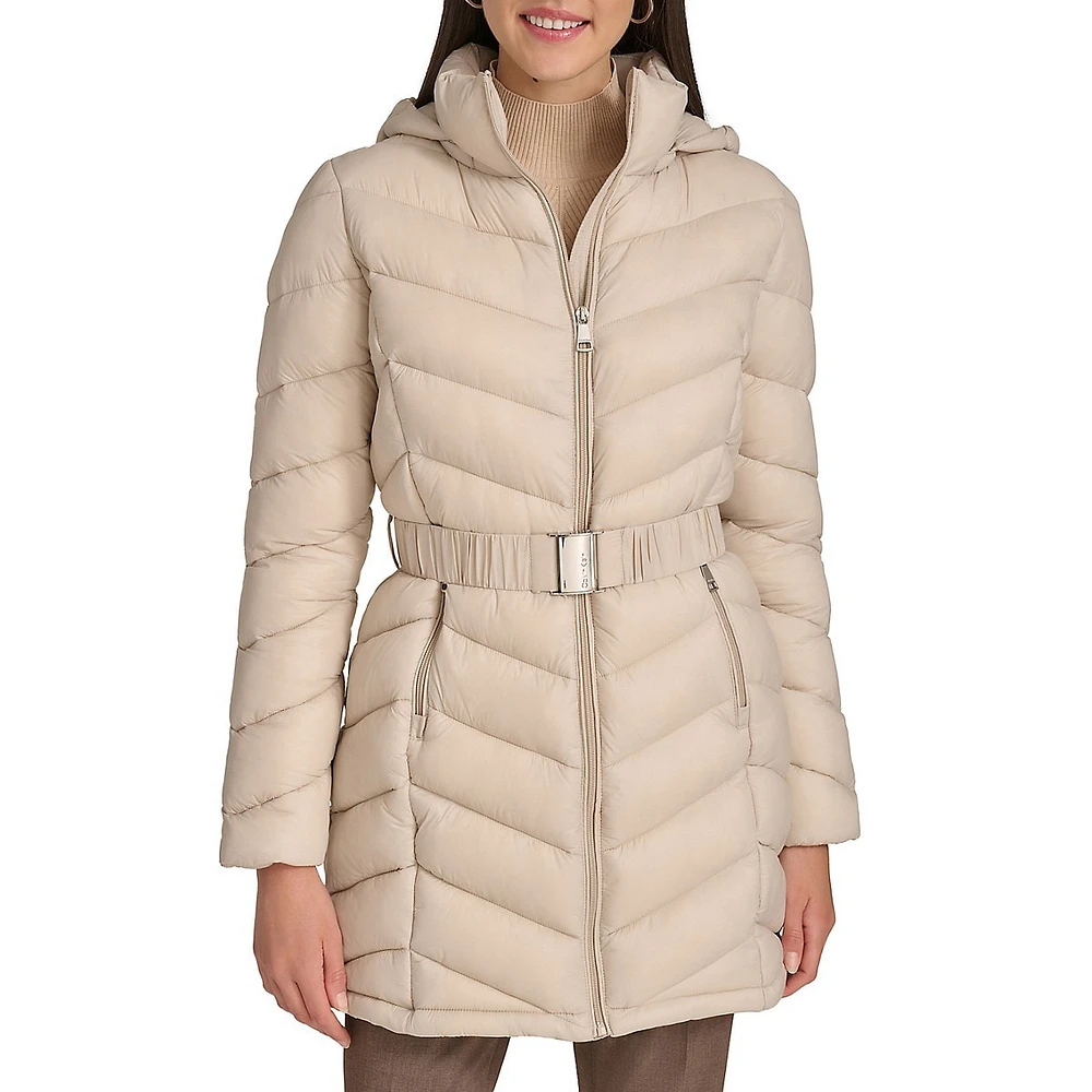 Belted Packable Chevron-Quilt Polyfill Coat