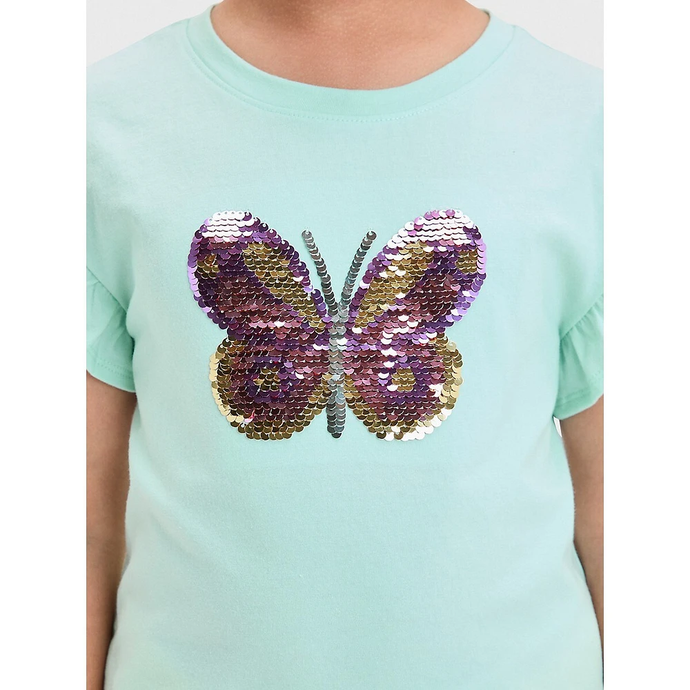 Girl's Sequin Butterfly Ruffle-Sleeve T-Shirt