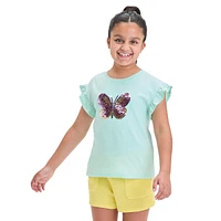 Girl's Sequin Butterfly Ruffle-Sleeve T-Shirt