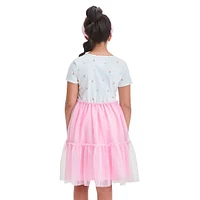 Girl's Short-Sleeve Strawberry-Print Tulle Tiered Dress