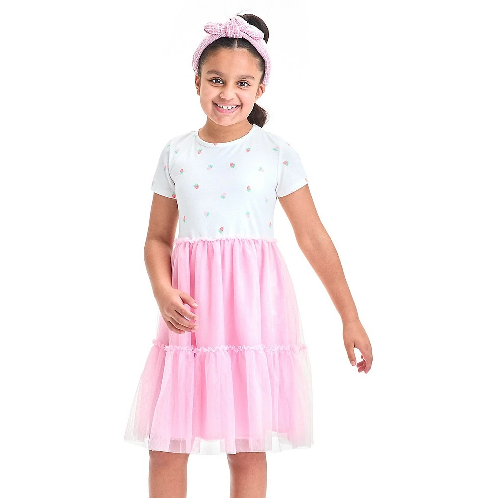 Girl's Short-Sleeve Strawberry-Print Tulle Tiered Dress