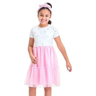 Girl's Short-Sleeve Strawberry-Print Tulle Tiered Dress