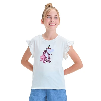 Girl's Sequin Unicorn Ruffle-Sleeve T-Shirt