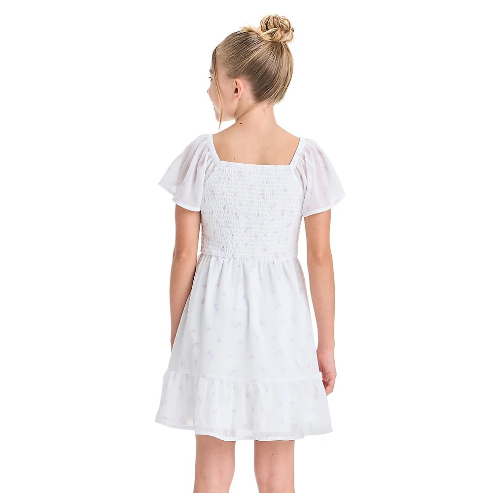Girl's Floral Chiffon Shirred-Bodice Dress
