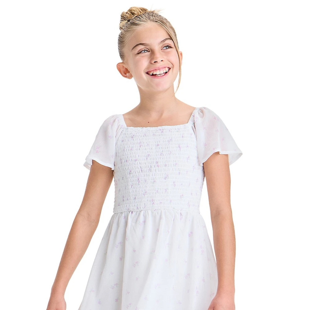 Girl's Floral Chiffon Shirred-Bodice Dress