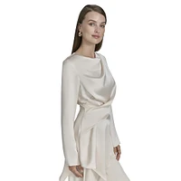 Draped Front Twill Satin Pointed-Hem Blouse