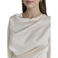 Draped Front Twill Satin Pointed-Hem Blouse