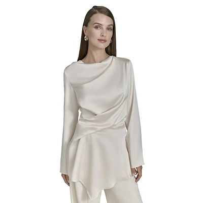 Draped Front Twill Satin Pointed-Hem Blouse