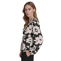 Plus Floral-Print Ruched Front V-Neck Blouse