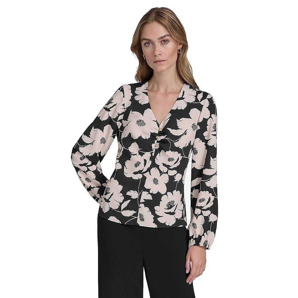 Plus Floral-Print Ruched Front V-Neck Blouse