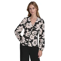 Plus Floral-Print Ruched Front V-Neck Blouse