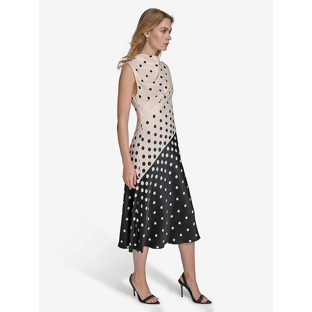 Ombré Polka Dot Chiffon Sleeveless Draped Dress