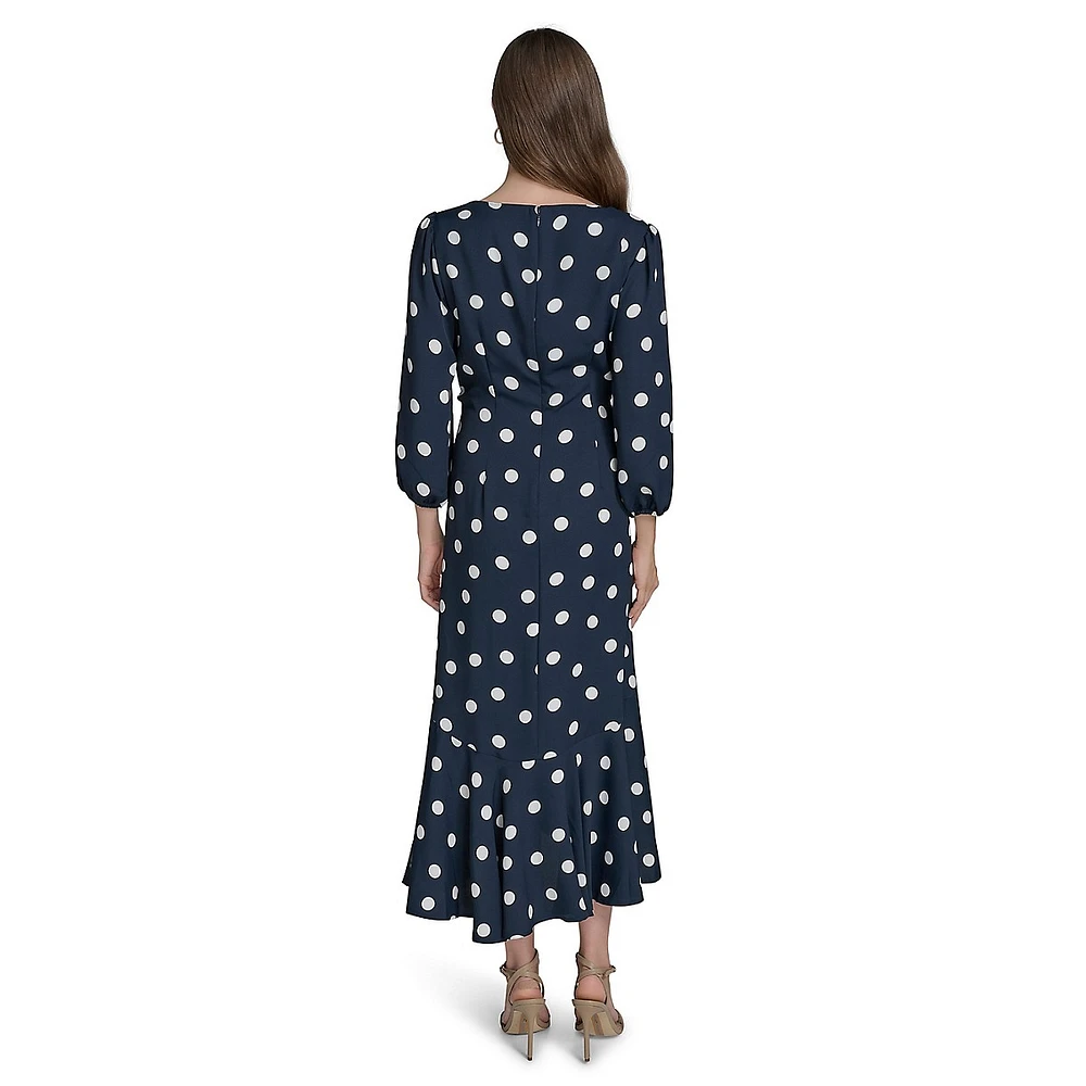 Polka Dot Balloon-Sleeve Ruched-Front Dress