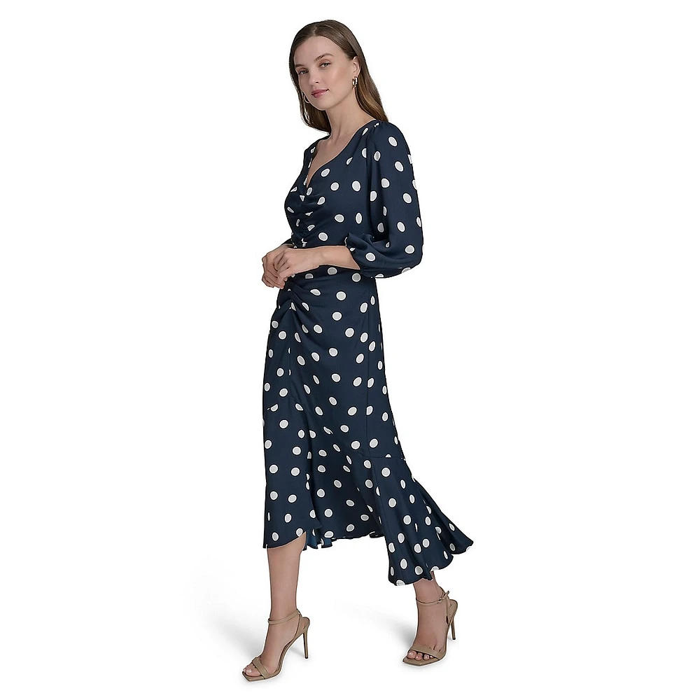 Polka Dot Balloon-Sleeve Ruched-Front Dress