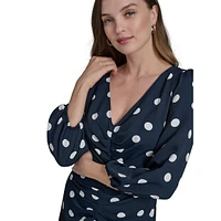 Polka Dot Balloon-Sleeve Ruched-Front Dress