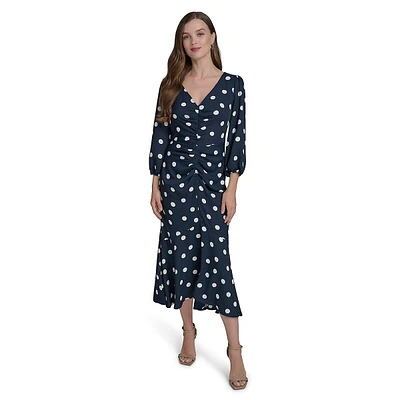 Polka Dot Balloon-Sleeve Ruched-Front Dress