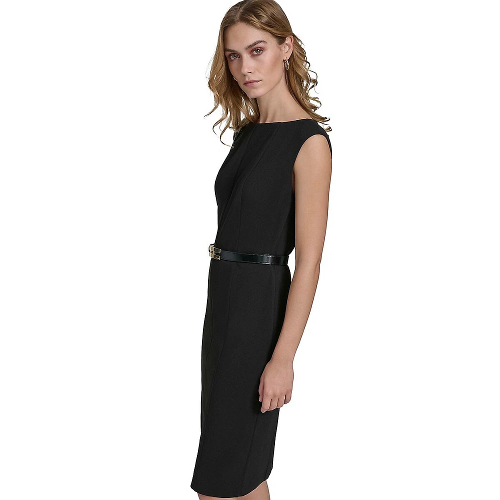 Scuba Crepe H-Belt Sleeveless Sheath Dress