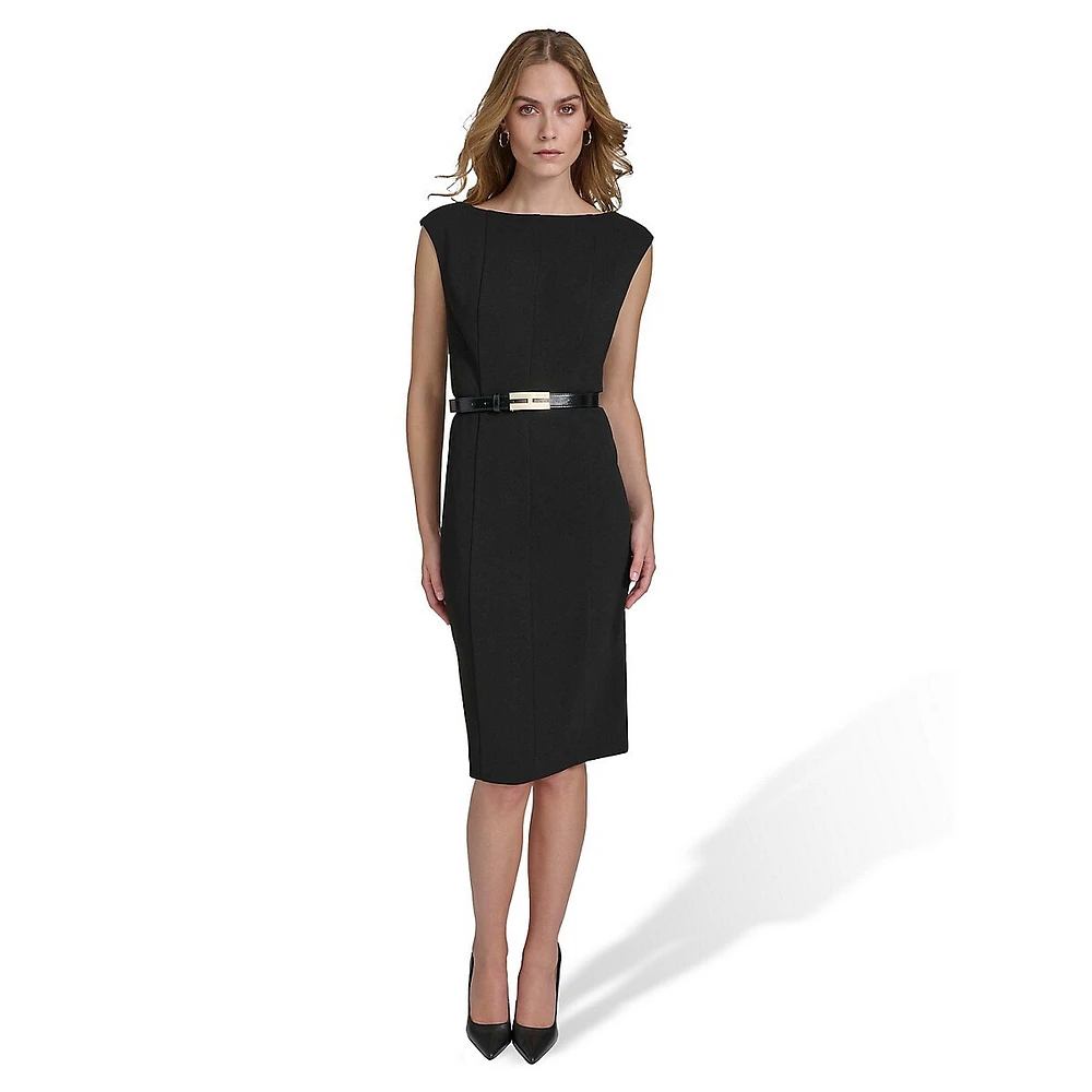 Scuba Crepe H-Belt Sleeveless Sheath Dress