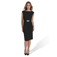 Scuba Crepe H-Belt Sleeveless Sheath Dress