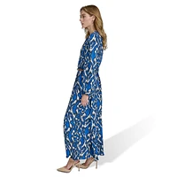 Printed Chiffon Tunic-Neck Belted Maxi Dress