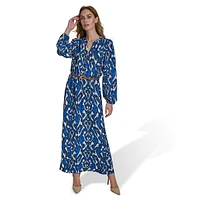 Printed Chiffon Tunic-Neck Belted Maxi Dress