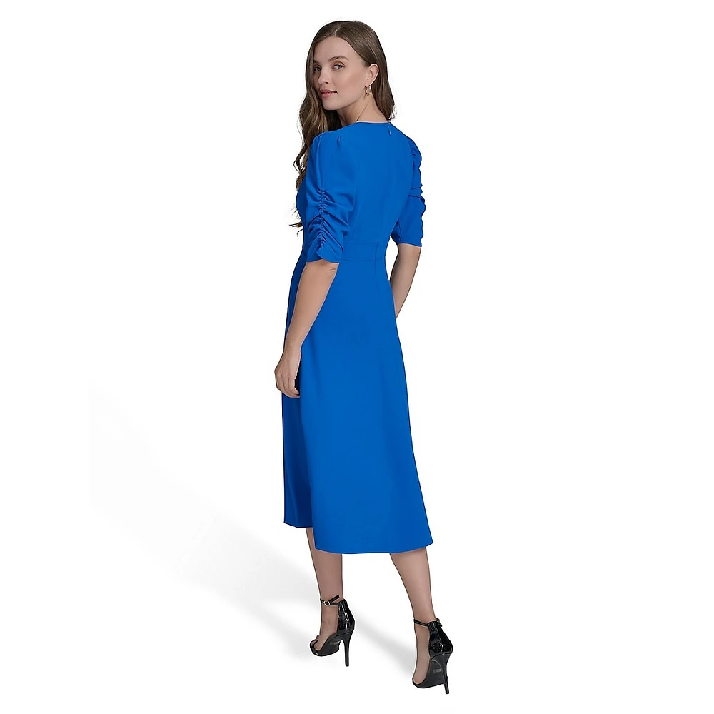 Ruched-Short-Sleeve Fit-&-Flare Midi Dress