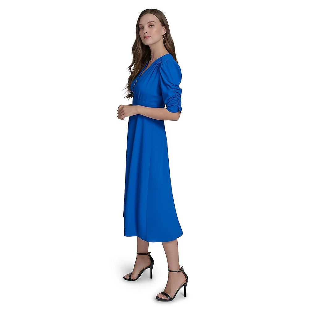 Ruched-Short-Sleeve Fit-&-Flare Midi Dress