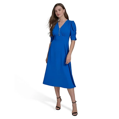 Ruched-Short-Sleeve Fit-&-Flare Midi Dress