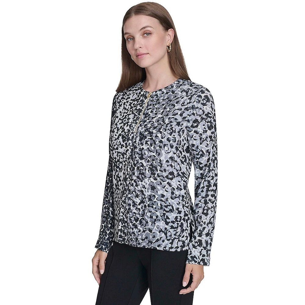 H-Pull Quarter-Zip Leopard-Print Top