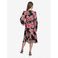 Floral Chiffon Long-Sleeve Ruched-Front Dress