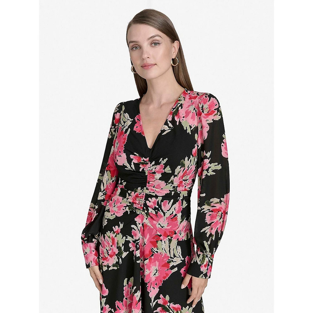 Floral Chiffon Long-Sleeve Ruched-Front Dress