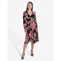 Floral Chiffon Long-Sleeve Ruched-Front Dress