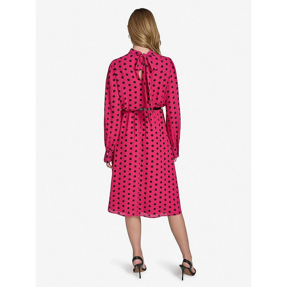 Polka Dot Chiffon Long-Sleeve Keyhole Belted Dress