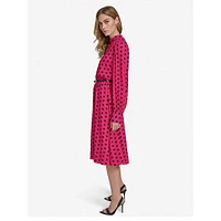 Polka Dot Chiffon Long-Sleeve Keyhole Belted Dress