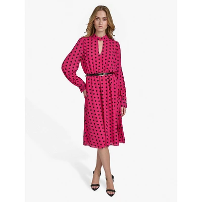 Polka Dot Chiffon Long-Sleeve Keyhole Belted Dress