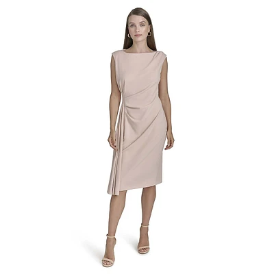 Side-Pleated Sleeveless Boatneck Sheath Dress