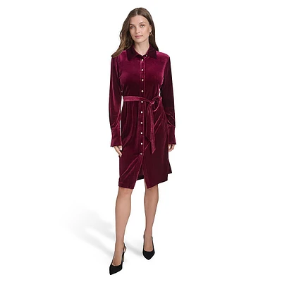 Split-Cuff Velvet Shirtdress