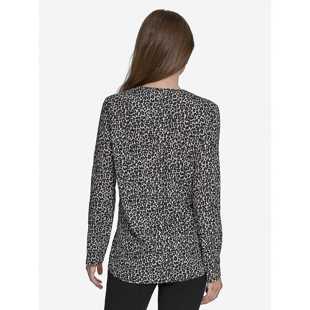 Plus Leopard-Print H-Monogram Quarter-Zip Top